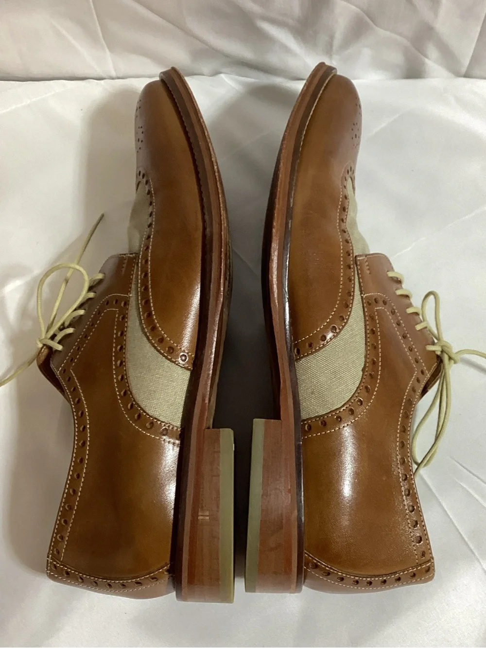 Johnston & Murphy Brown Leather and Beige Canvas Wingtip Oxfords
